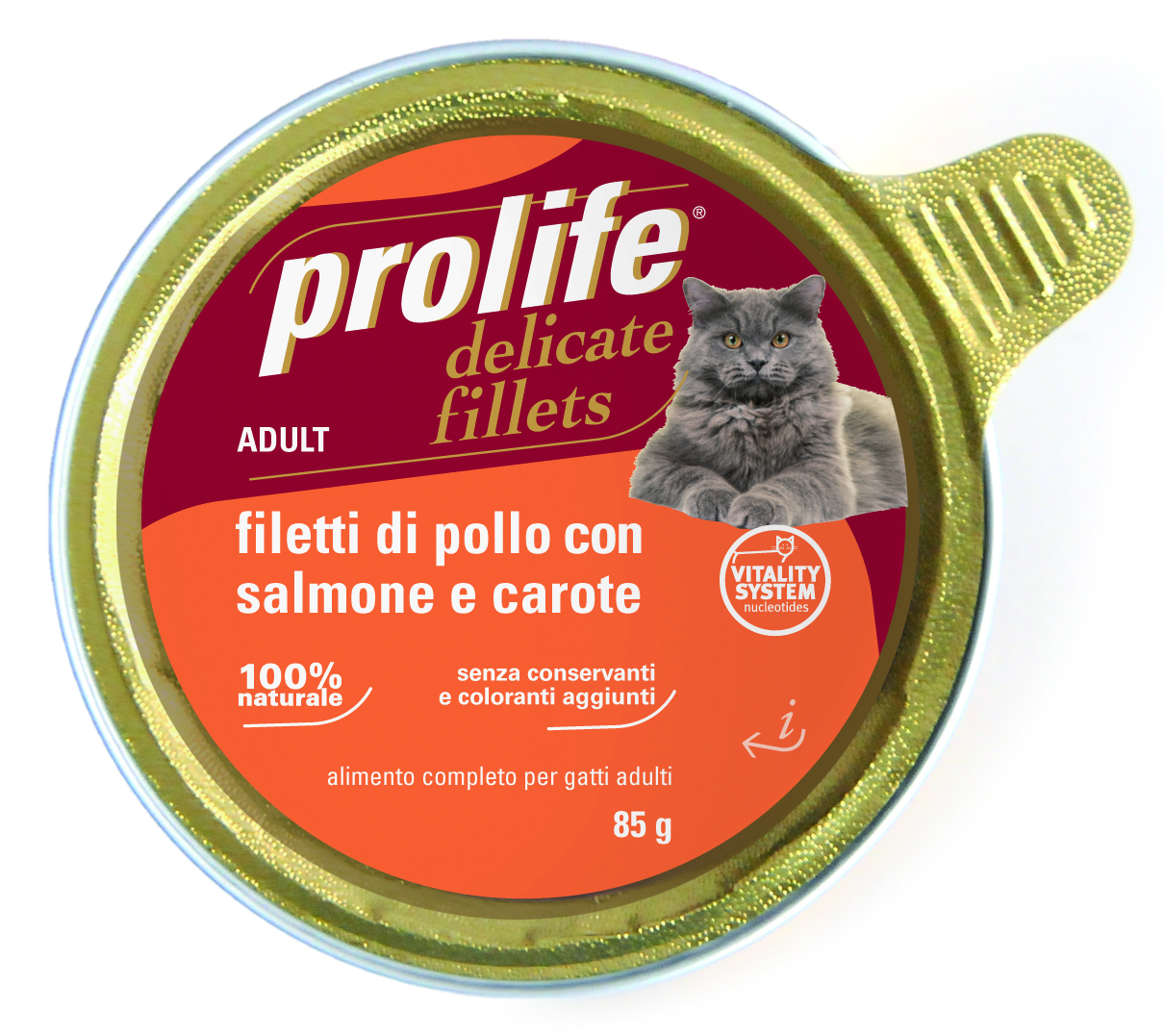 PROLIFE GATTO DELICATE FILLETS FILETTI DI POLLO SALMONE E CAROTE 85G