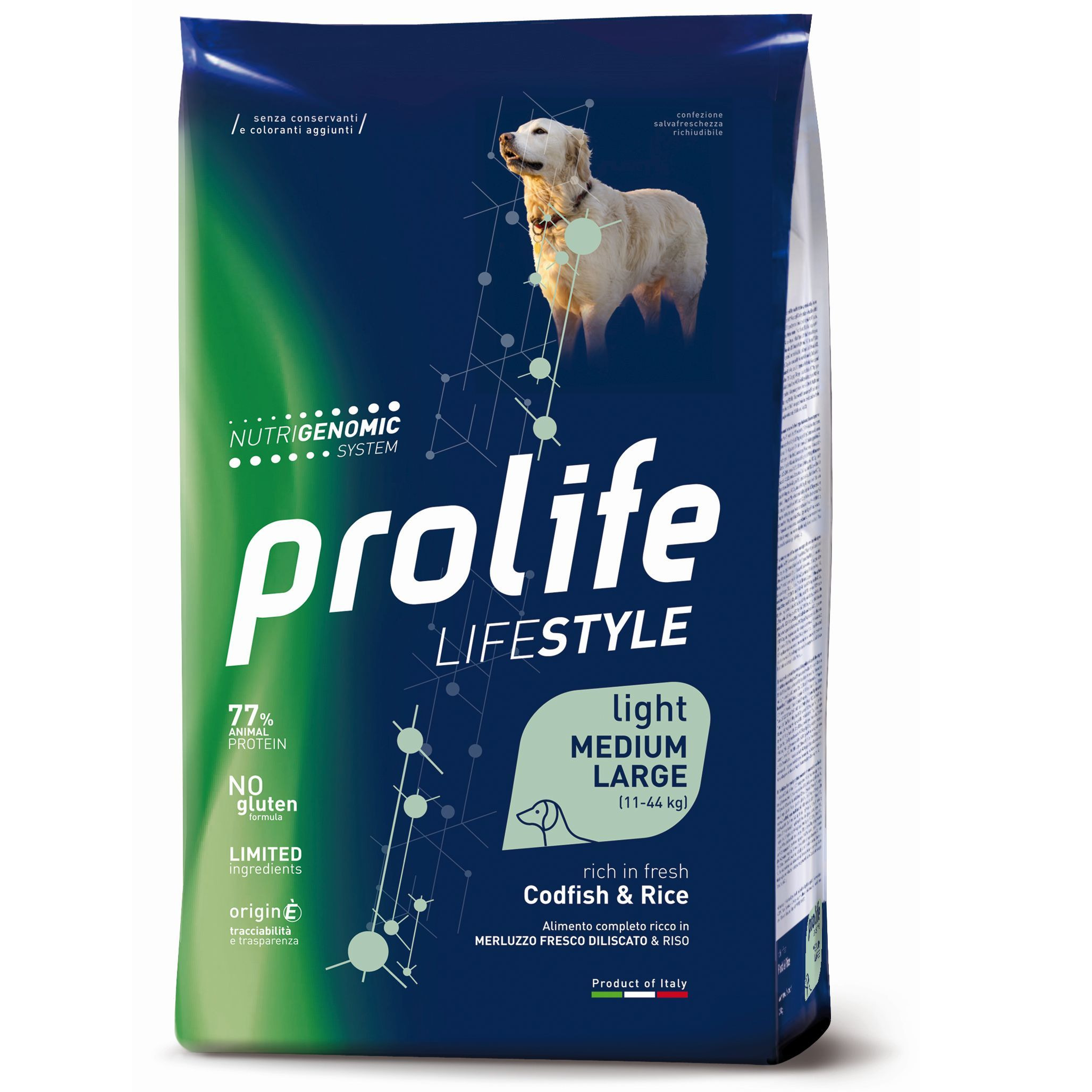 PROLIFE CANE LIFE STYLE LIGHT CODFISH & RICE MEDIUM/LARGE 12 KG