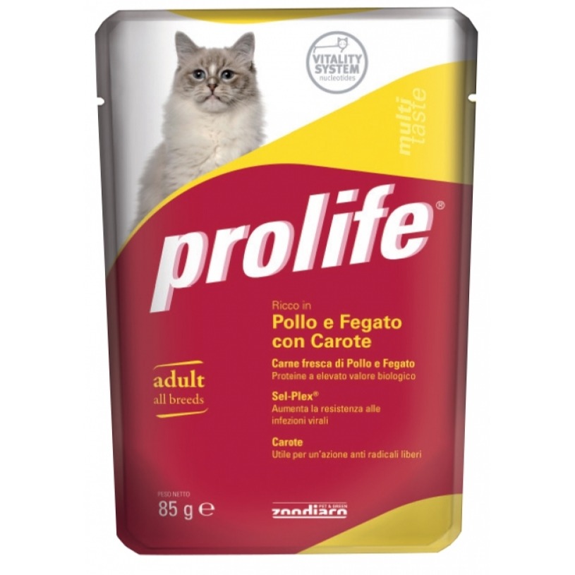 BUSTA PROLIFE CAT ADULT POLLO E FEGATO CON CAROTE 85 GR