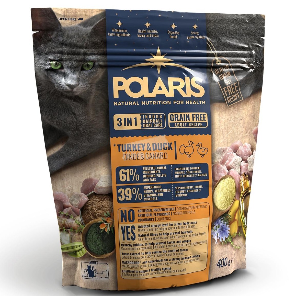 POLARIS Adult dry Cat - 3 in 1 Grain Free Turkey & Duck 400gr